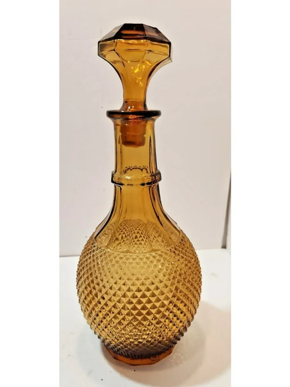 Vintage 1960's Amber Colored Hobnail Glass Wine/Liquor Decanter Bottle w/Stopper